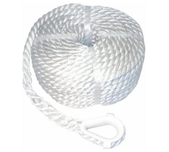 100' Tri-Strand Nylon Twisted Anchor Line WITH Thimble (White) [3/8