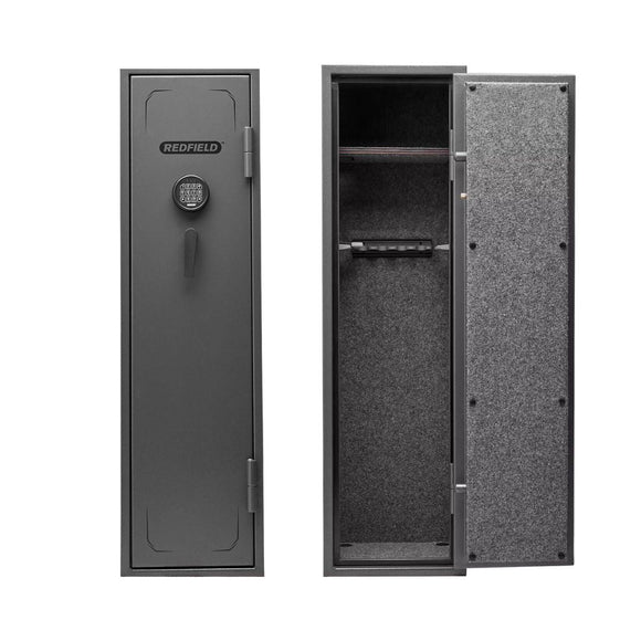 Tall, narrow 12-gun safe by Redfield with a digital keypad lock on the left and an open door on the right, revealing a carpeted interior with a shelf and gun rack.